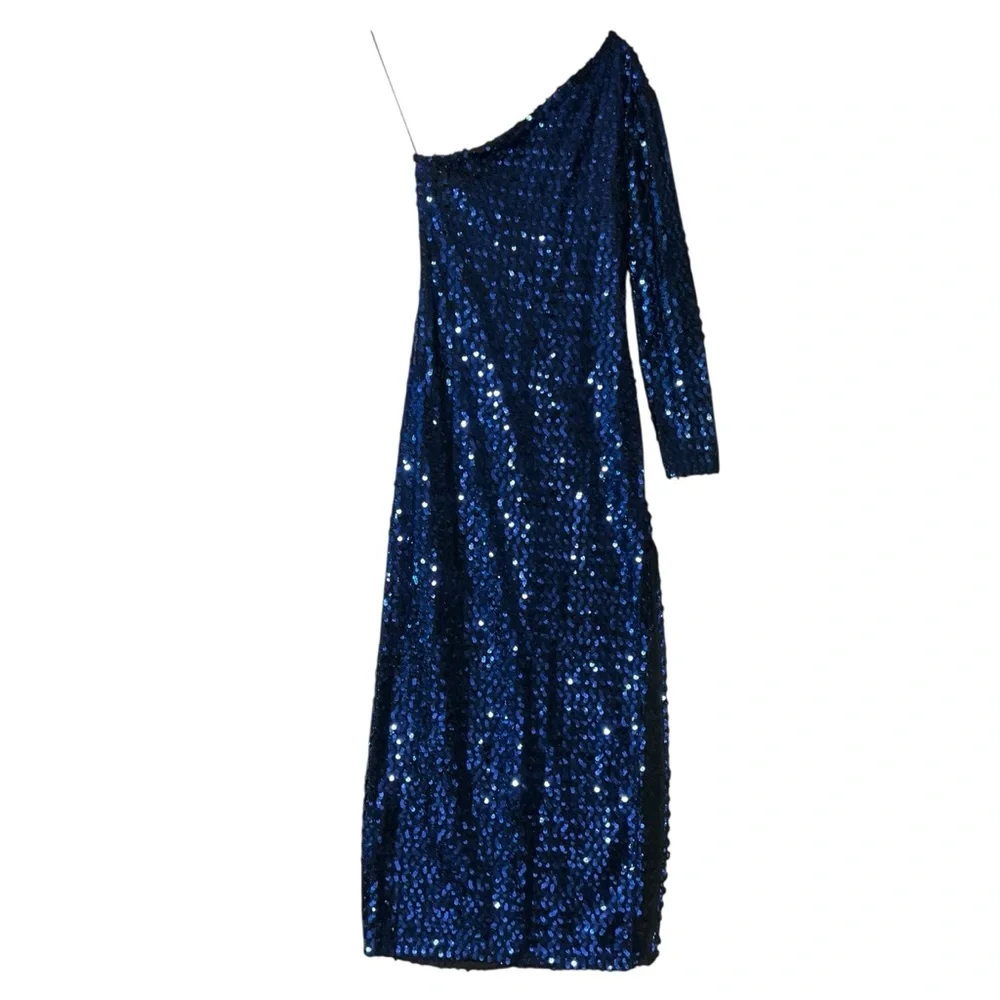 vtg CLIMAX by David Howard sz 13/14 (M/L) Sequin One Shoulder Sequin Dress Blue